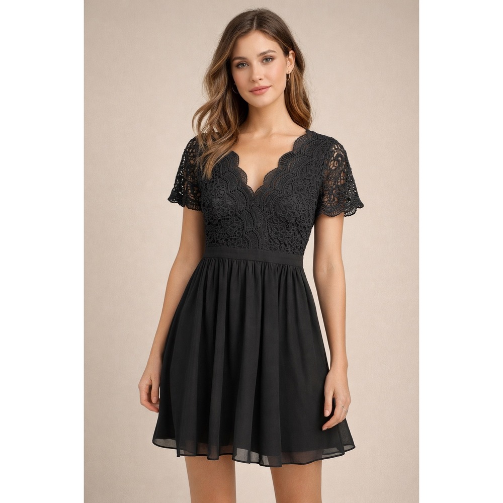 Lulus Black Crochet Lace Chiffon Mini Dress V-Neck Short Sleeve Fit Flare Medium